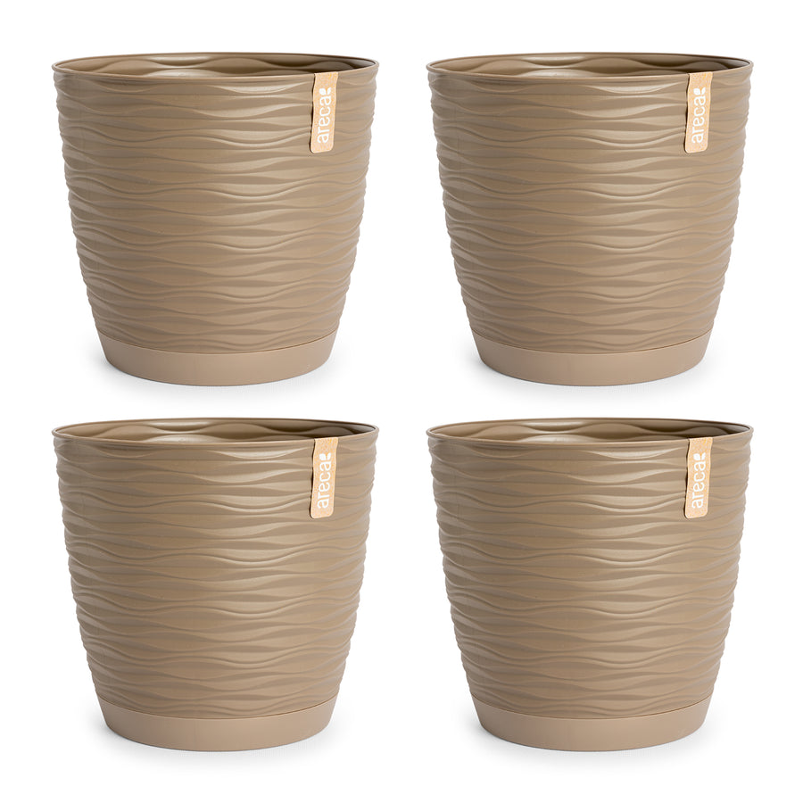 Areca Wind - Set de 4 Macetas Decorativas Redondas 17 cm con Platos Integrados. Taupe