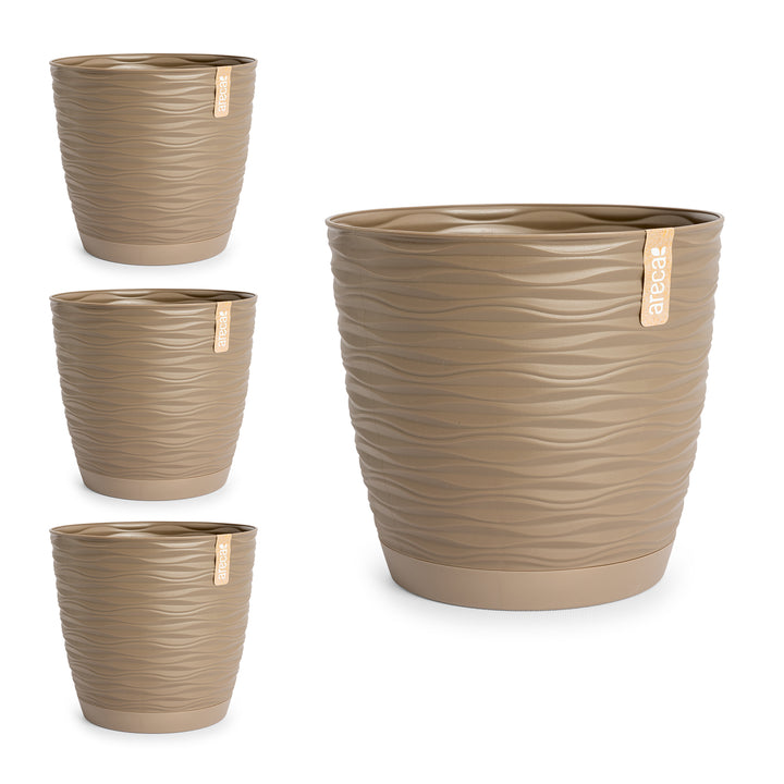 Areca Wind - Set de 4 Macetas Decorativas Redondas 23 cm con Platos Integrados. Taupe