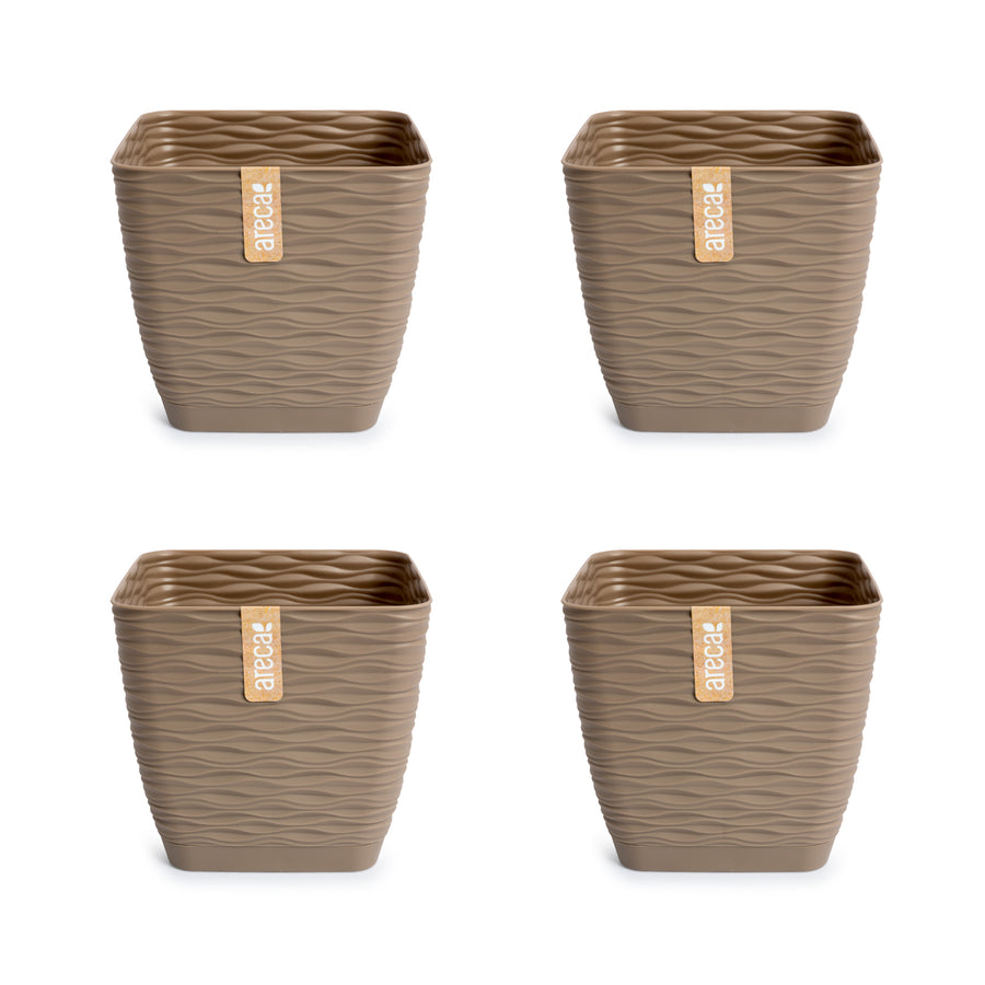 Areca Wind - Set de 4 Macetas Decorativas Cuadradas 13 cm con Platos Integrados. Taupe