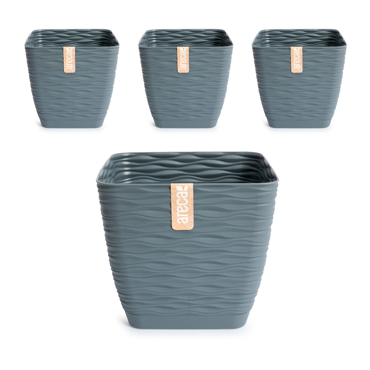 Areca Wind - Set de 4 Macetas Decorativas Cuadradas 17 cm con Platos Integrados. Gris