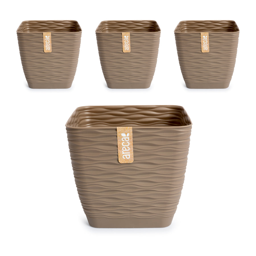 Areca Wind - Set de 4 Macetas Decorativas Cuadradas 17 cm con Platos Integrados. Taupe