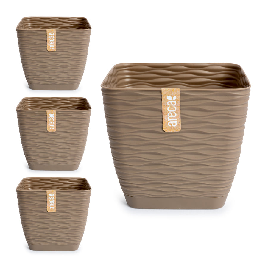 Areca Wind - Set de 4 Macetas Decorativas Cuadradas 19 cm con Platos Integrados. Taupe