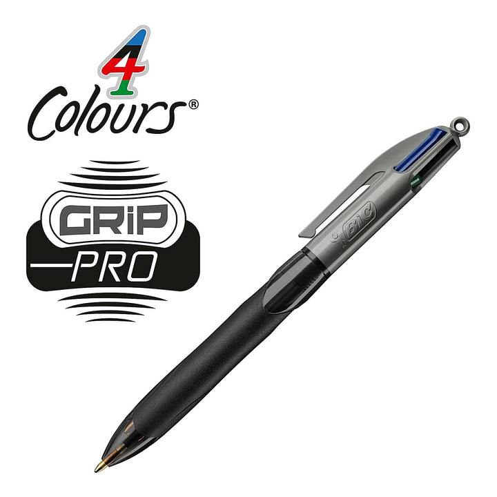 BIC 8922931 - Bolígrafo de Punta Retráctil de 4 Colores GRIP PRO. Color Gris y Negro