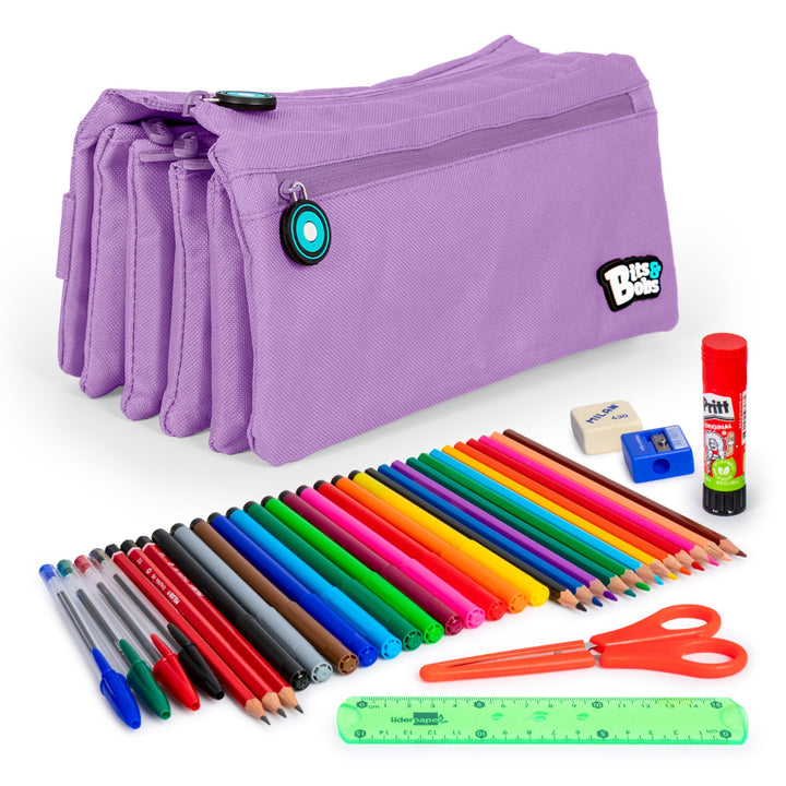 ColePack Eco36 - Estuche Cuadruple de 4 Cremalleras con Material Escolar Incluido. Lavanda