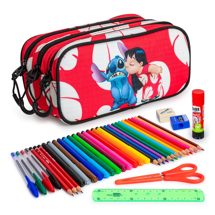 ColePack EcoTrick - Estuche Triple de 3 Cremalleras con Material Escolar Incluido. Lilo y Stitch Kiss