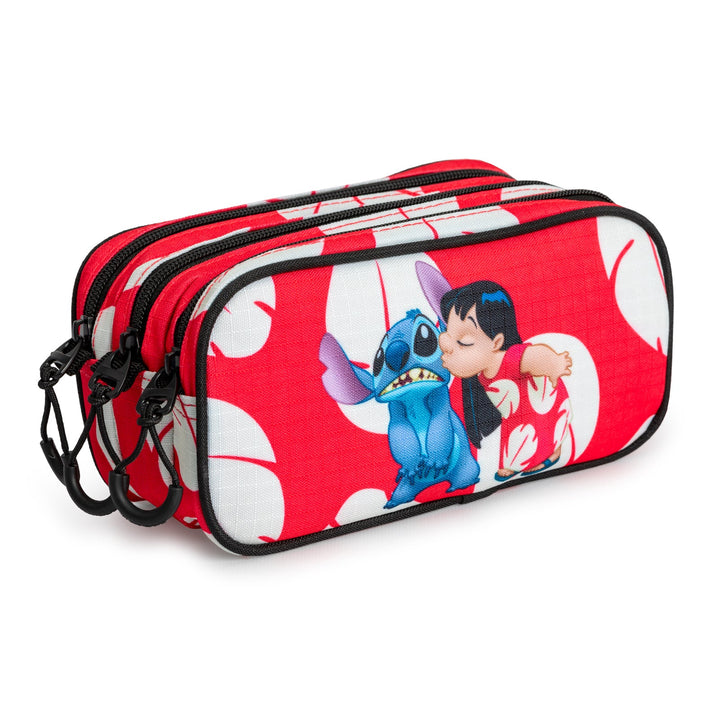 DISNEY Lilo y Stitch Kiss - Estuche Escolar Triple Portatodo Tres Cremalleras TRICK FAN Rojo