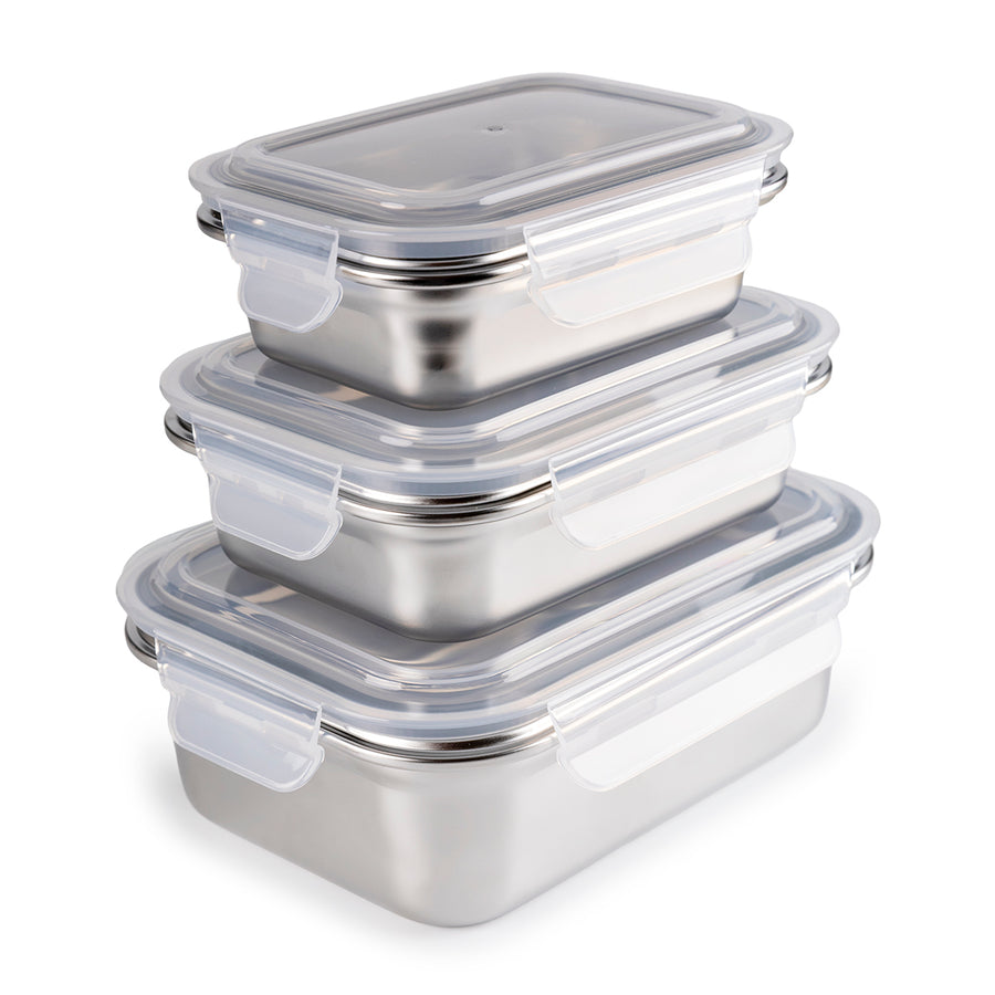 IBILI Keepklin - Lote de 3 Recipientes Rectangulares de 0.4L, 0.6L y 1.2L en Acero Apto Microondas