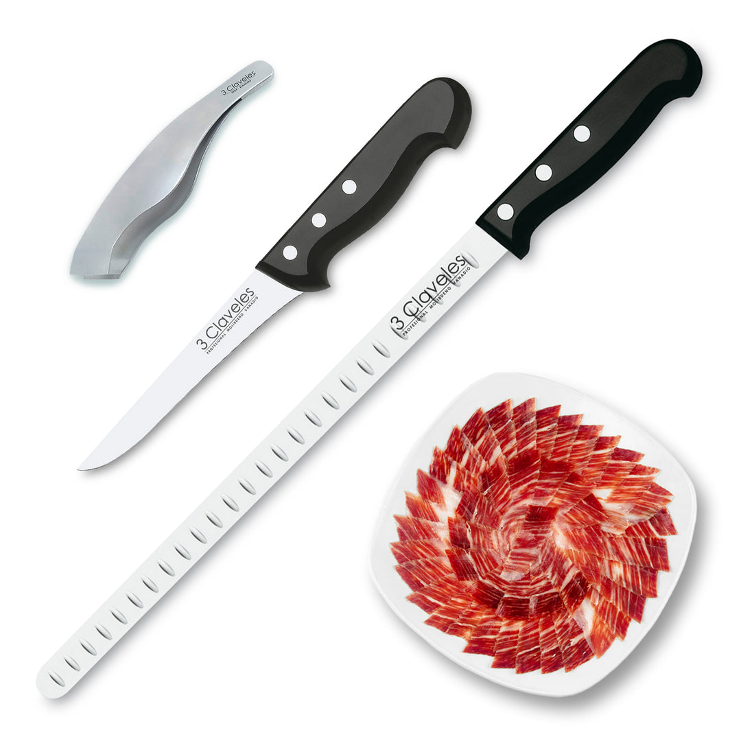 3 Claveles POM - Kit Profesional de Cuchillo Jamonero con Deshuesador y Pinzas