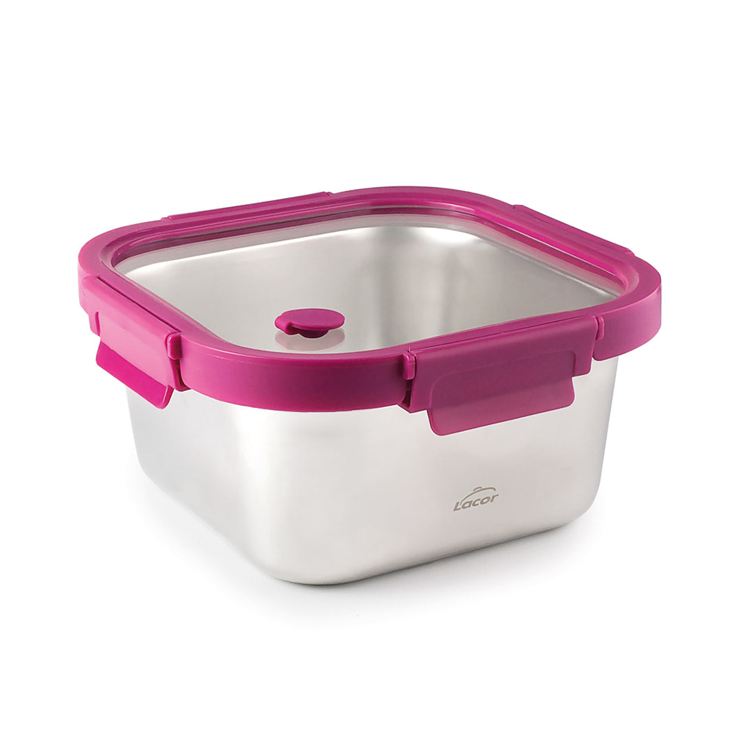 LACOR Etern - Recipiente Cuadrado de 1.5L en Acero y Tapa de Cristal Apto Microondas
