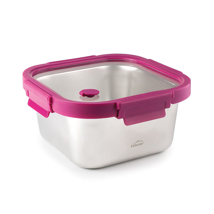 LACOR Etern - Recipiente Cuadrado de 1.5L en Acero y Tapa de Cristal Apto Microondas