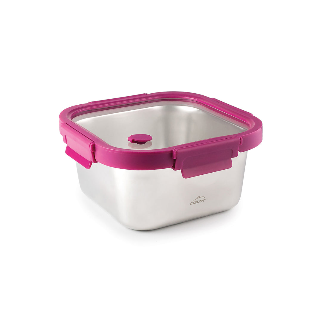 LACOR Etern - Recipiente Cuadrado de 0.65L en Acero y Tapa de Cristal Apto Microondas