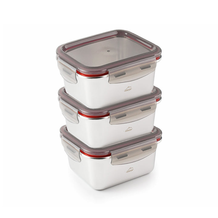 LACOR EcoInox - Lote de 3 Recipientes Rectangulares Baby de 0.25L en Acero Apto Microondas