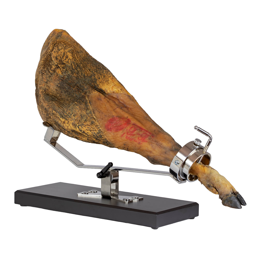 BELLO Aneto - Soporte Jamonero Basculante en DM Negro y Acero Inoxidable con Cubrejamón