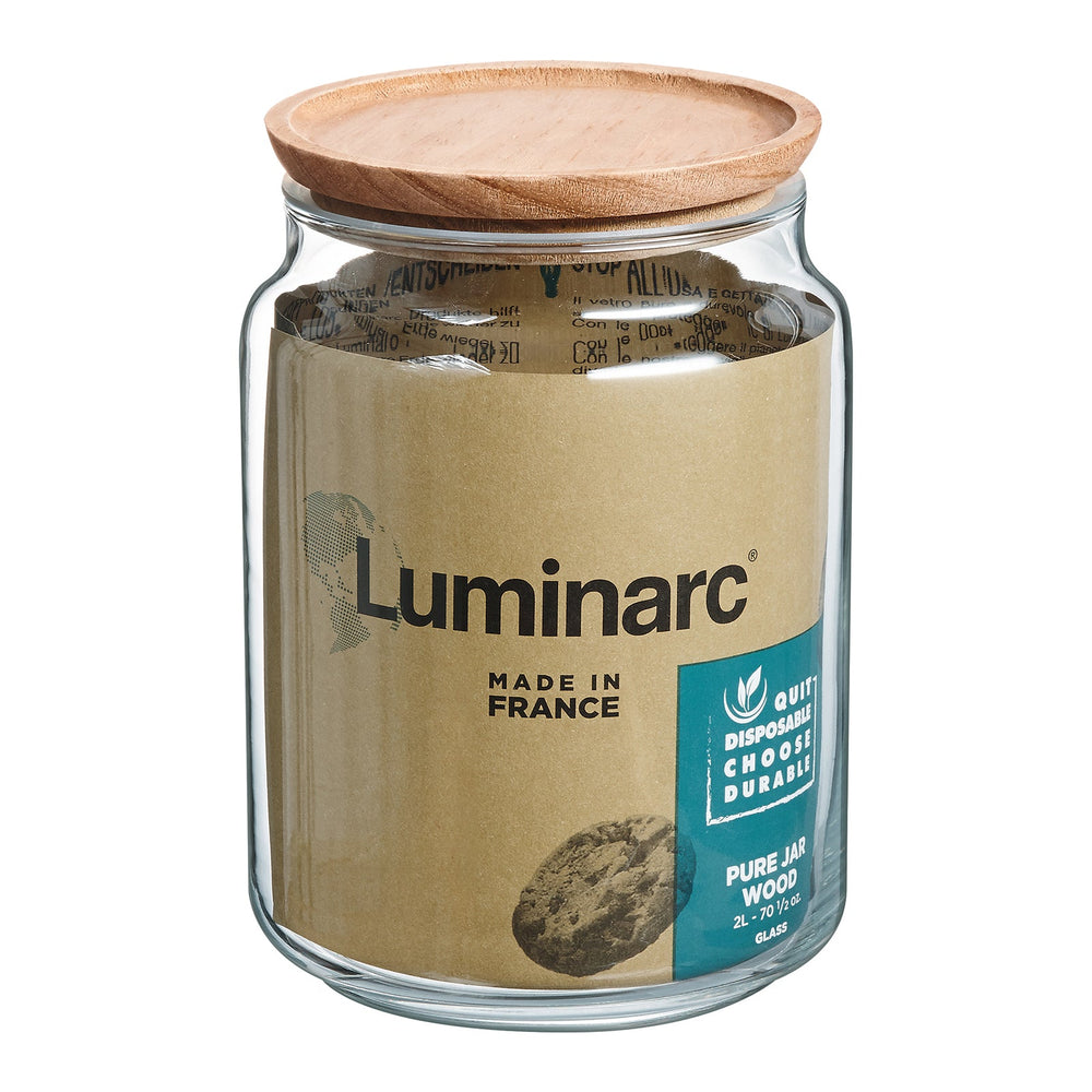 Luminarc Pure Jar - Juego de 2 Botes Redondos de 2L en Vidrio con Tapa de Madera