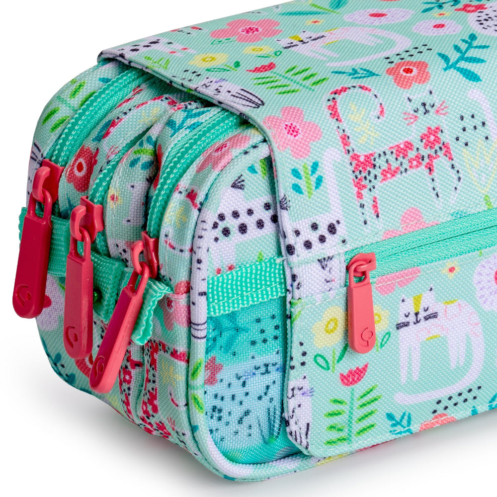 ColePack EcoDes - Estuche Triple de 3 Cremalleras con Material Escolar Incluido. Cats