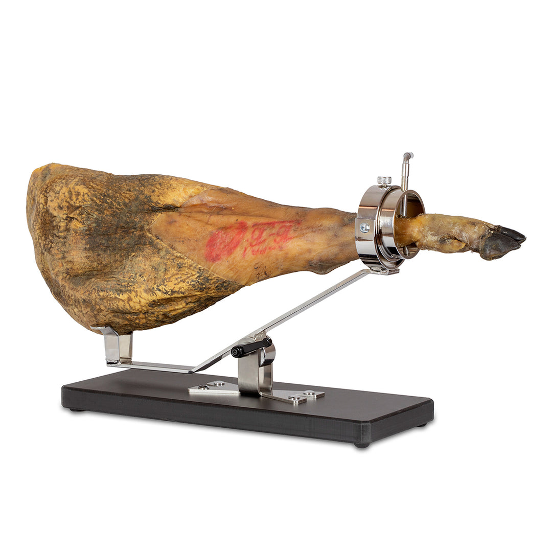 BELLO Teide - Soporte Jamonero Basculante en Fibra Negra y Acero Inoxidable con Cubrejamón