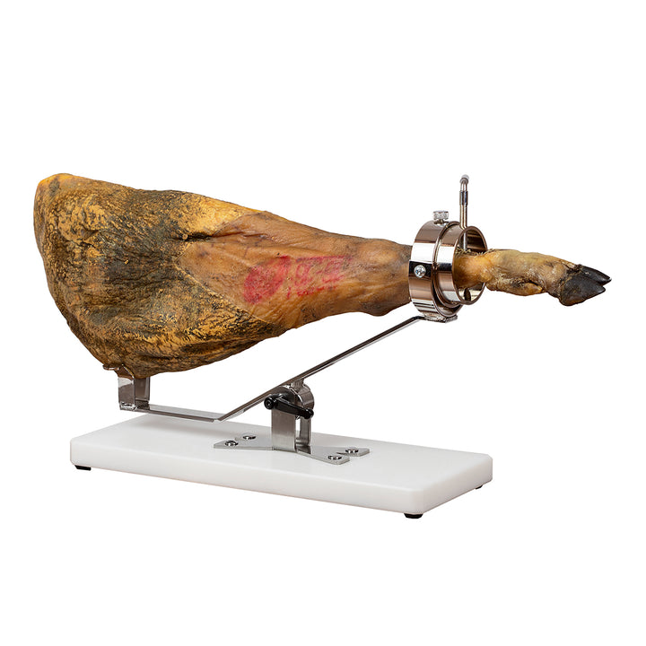 BELLO Teide - Soporte Jamonero Basculante en Fibra Blanca y Acero Inoxidable con Cubrejamón