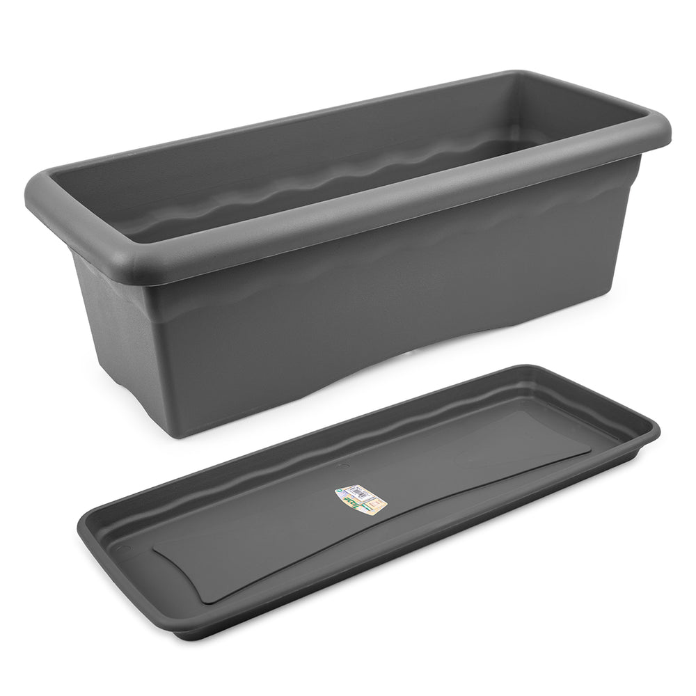 Plastiken TERRA - Jardinera Rectangular 80 cm 31L con Plato Incluido. Antracita