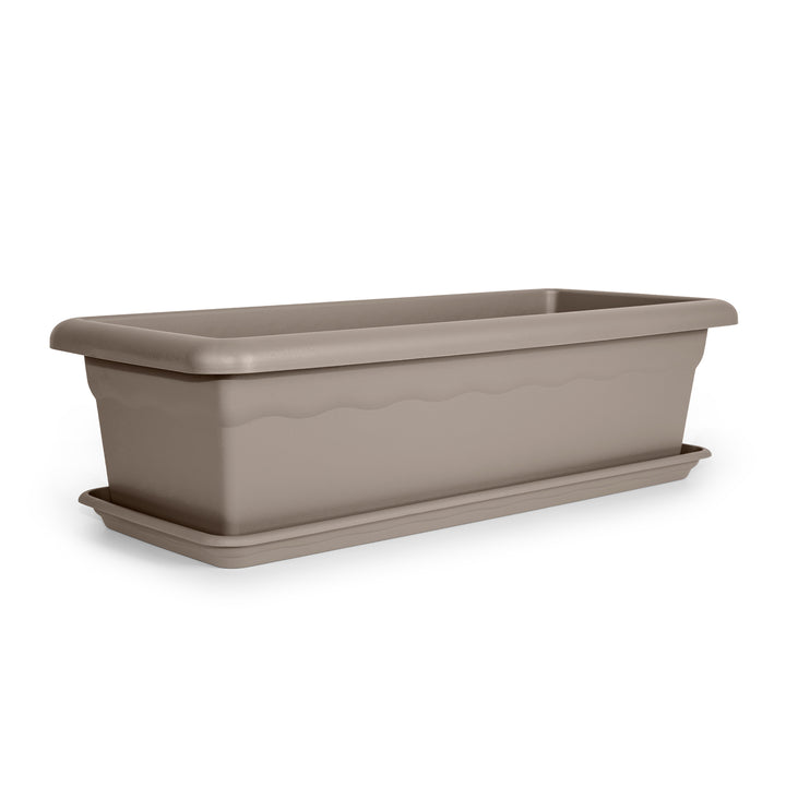 Plastiken TERRA - Set de 4 Jardineras con Platos Incluidos. Medida 80 cm 31L. Taupe