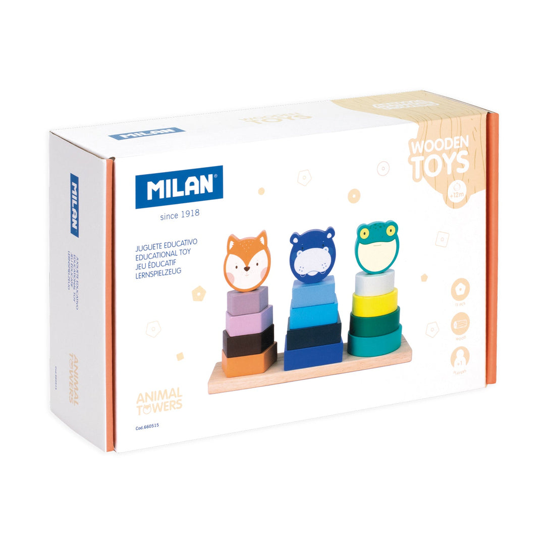 MILAN Animal Towers - Juguete Educativo de Madera Torres Apilables. Edad 12 Meses