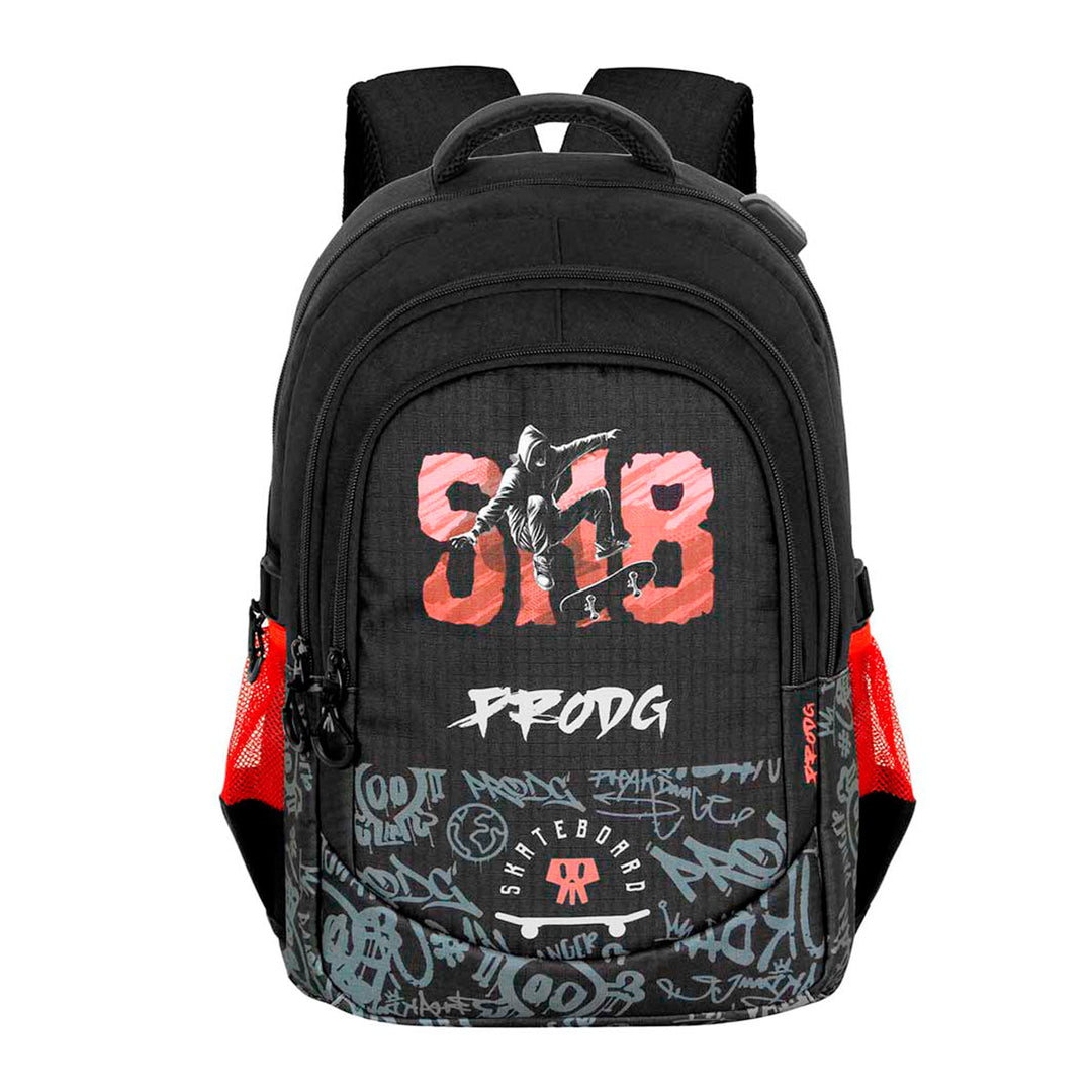 PRODG SK8 - Mochila Escolar Impermeable Running Plus para Portatil y USB. Negro