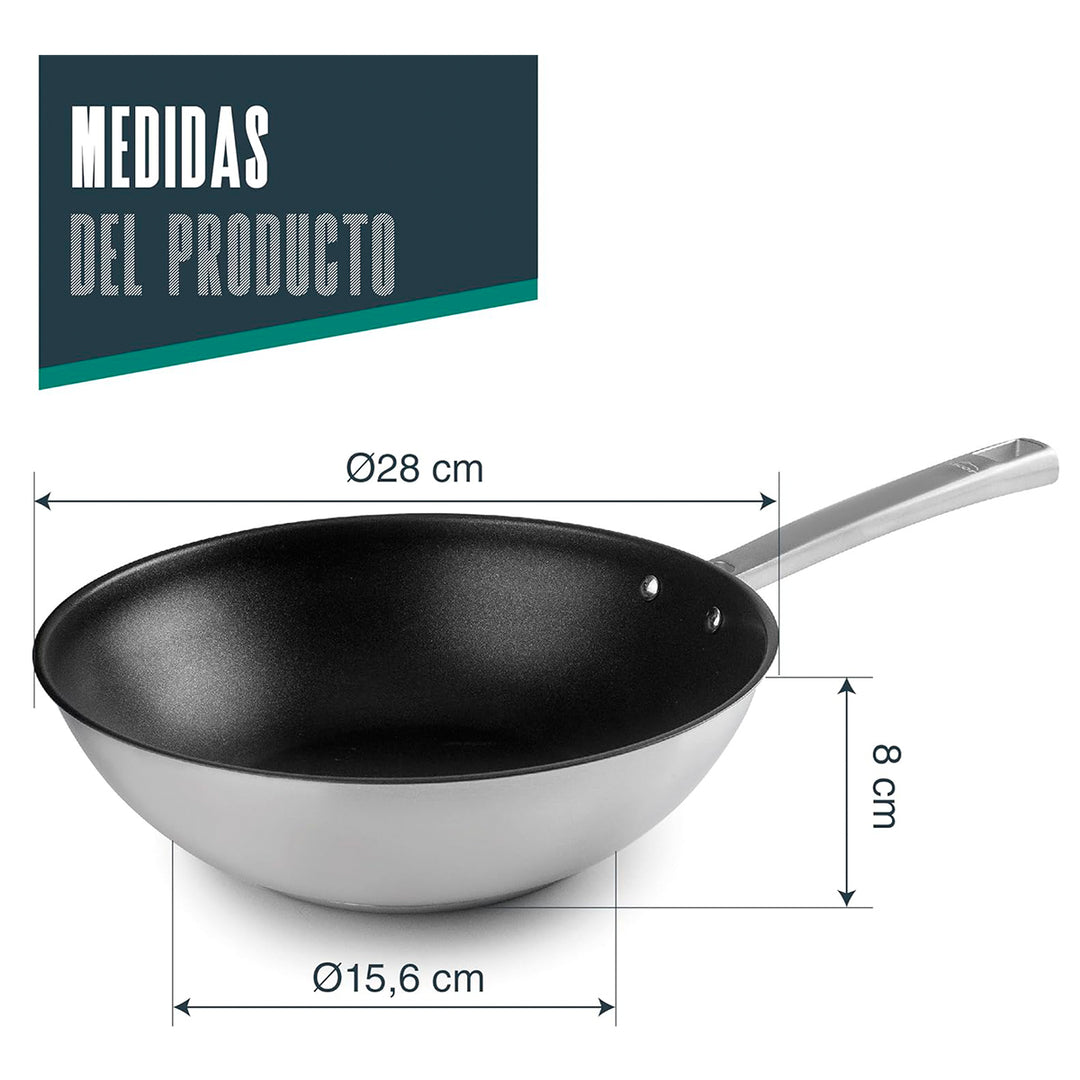 LACOR Foodie - Sartén Wok 28 cm de Acero Inox. y QuanTanium con Fondo Termo Difusor