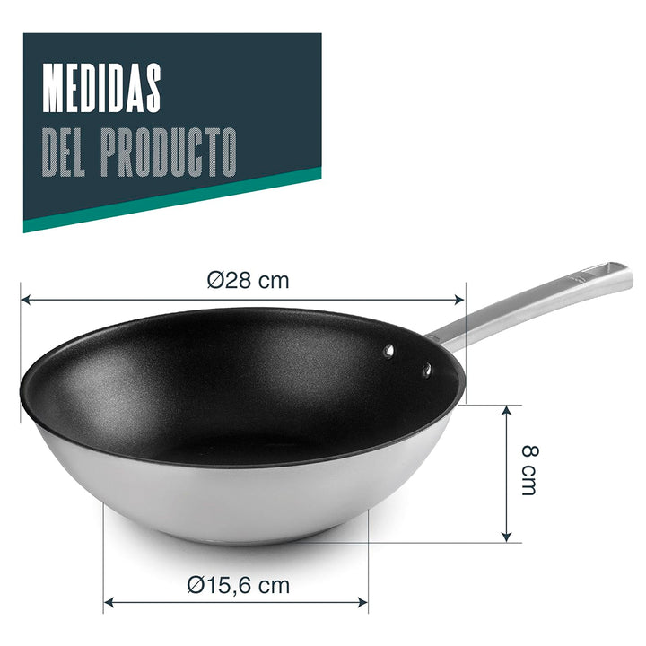 LACOR Foodie - Sartén Wok 28 cm de Acero Inox. y QuanTanium con Fondo Termo Difusor