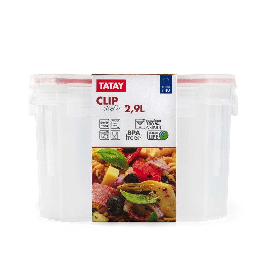 TATAY Clip Safe - Recipiente Hermético Cuadrado 2.9L con Cierre de Pestañas. Rojo