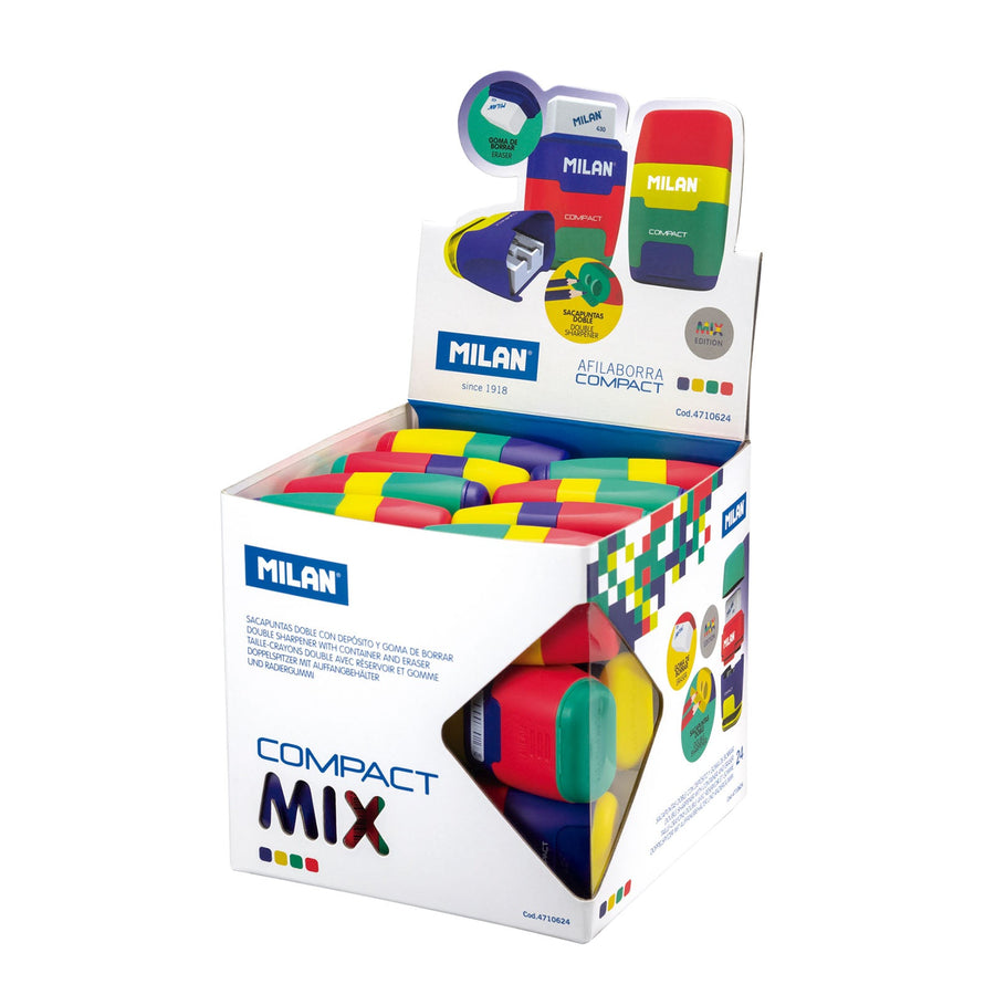 MILAN Mix - Caja Expositora 24 Afilaborras Compact. Combinación de Goma y Sacapuntas