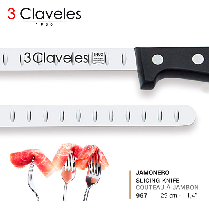 3 Claveles POM - Cuchillo Jamonero Alveolado Profesional Estrecho 29 cm Acero Inoxidable