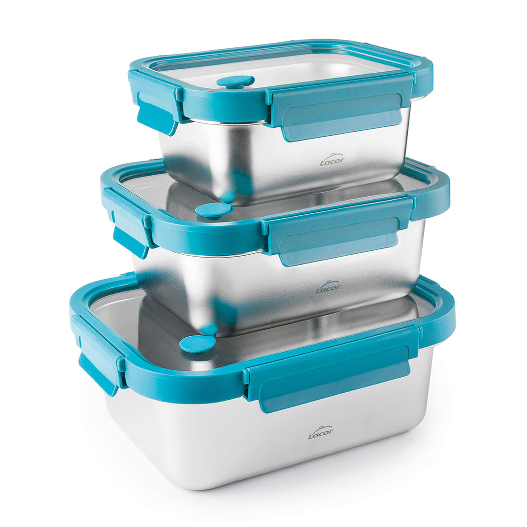 Lacor Etern - Recipiente Rectangular de Acero Inoxidable y Tapa de Cristal Apto Microondas