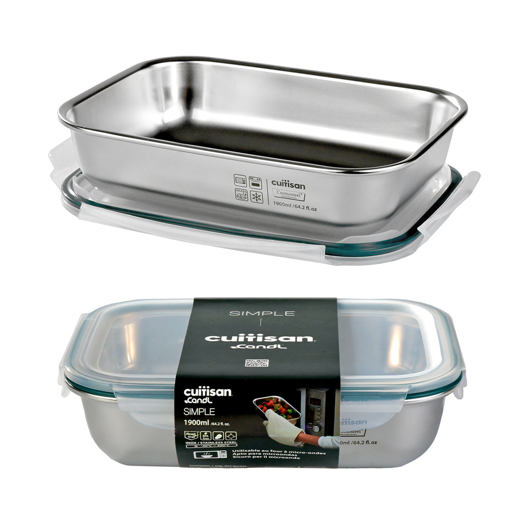 Cuitisan Simple - Recipiente Rectangular de 1.9L en Acero Inoxidable Apto Microondas
