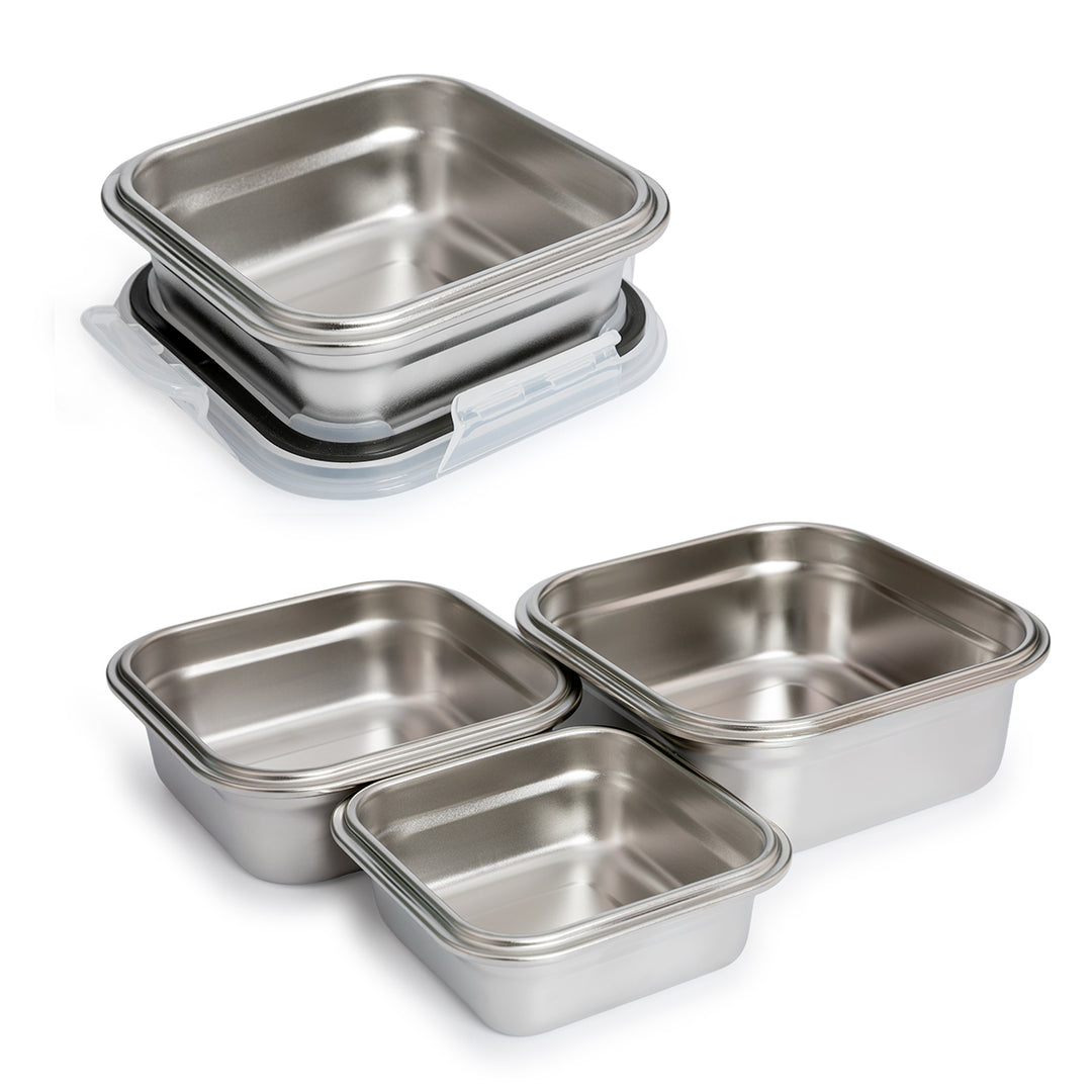 IBILI Keepklin - Lote de 3 Recipientes Cuadrados de 0.3L, 0.5L y 0.8L en Acero Apto Microondas