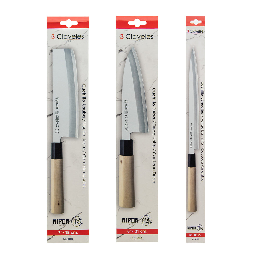 3 Claveles NIPON - Kit Cuchillos Grandes Tipo Japonés Acero Inoxidable y Mango de Arce