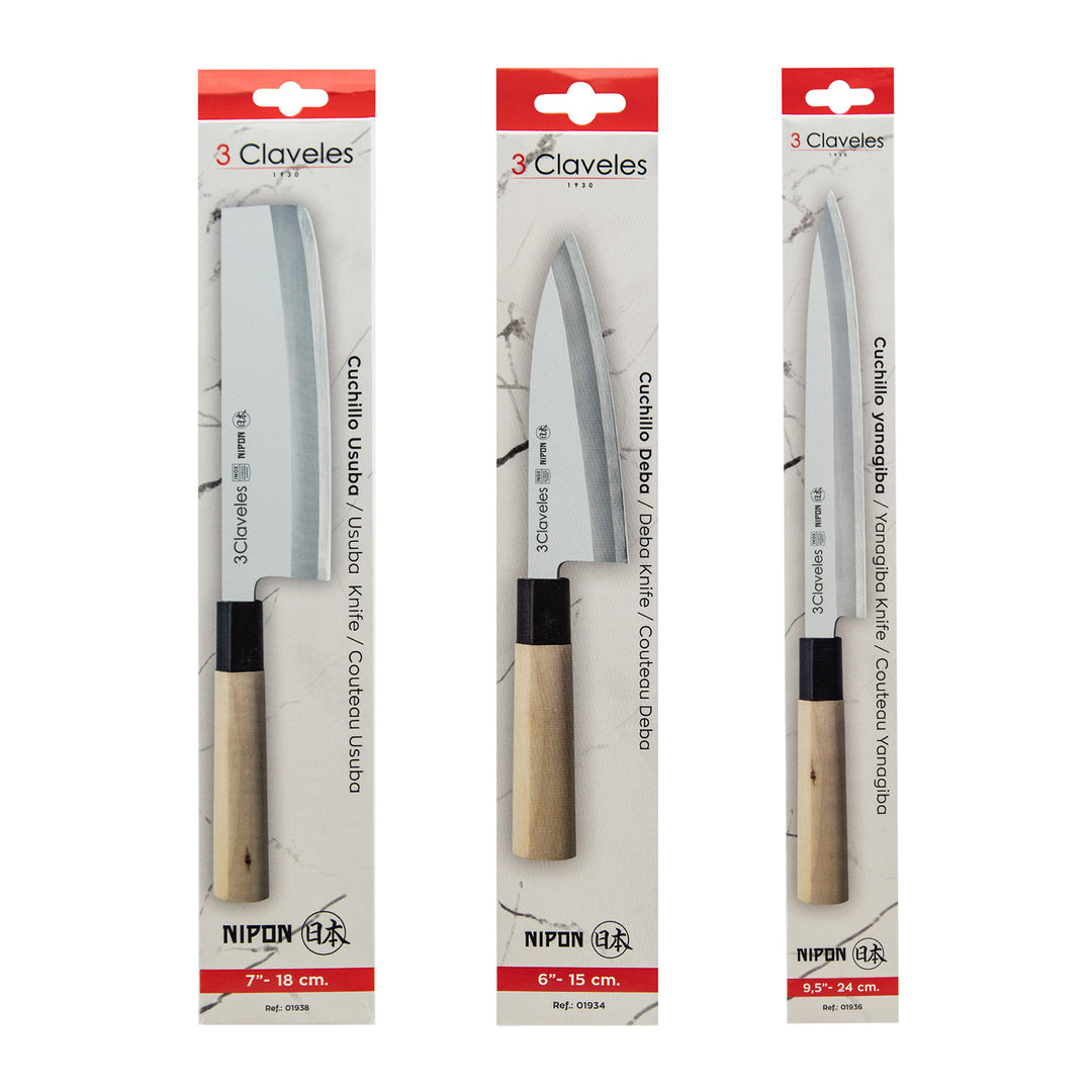 3 Claveles NIPON - Kit Cuchillos Medianos Tipo Japonés Acero Inoxidable y Mango de Arce