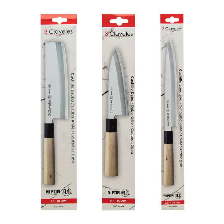 3 Claveles NIPON - Kit Cuchillos Medianos Tipo Japonés Acero Inoxidable y Mango de Arce