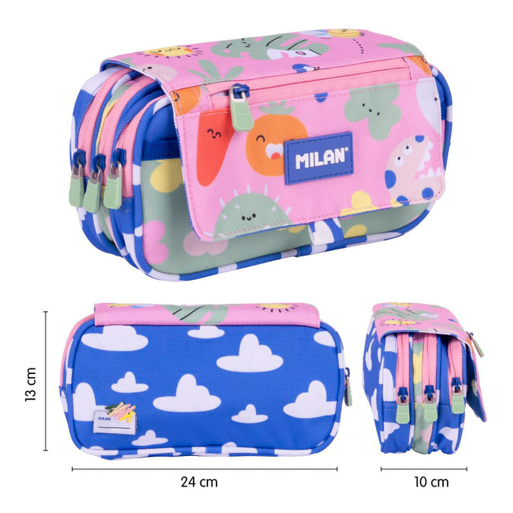 Milan Green Grow - Estuche Portatodo Triple con Cuatro Cremalleras para Material Escolar