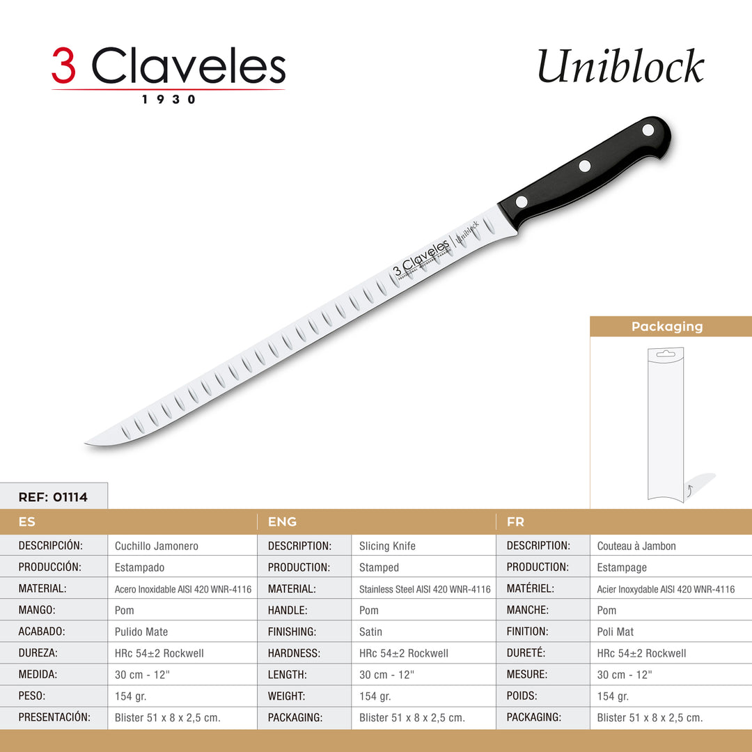 3 Claveles Uniblock - Cuchillo Jamonero Profesional Alveolado 30 cm Acero Inoxidable