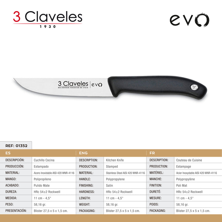 3 Claveles EVO - Cuchillo de Cocina 11 cm Acero Inoxidable Mango Polipropileno