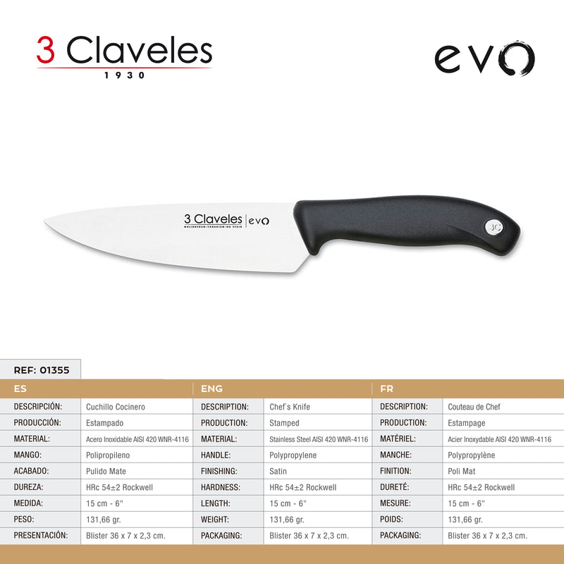 3 Claveles EVO - Cuchillo Cocinero de 15 cm Acero Inoxidable Mango Polipropileno