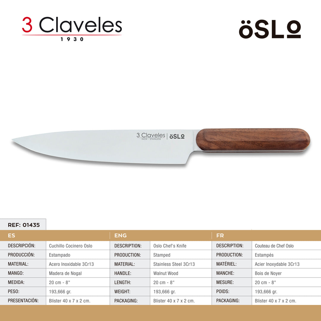 3 Claveles Oslo - Cuchillo Cocinero 20 cm Acero Estampado y Mango Madera de Nogal