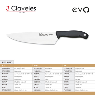 3 Claveles EVO - Cuchillo Cocinero de 20 cm Acero Inoxidable Mango Polipropileno