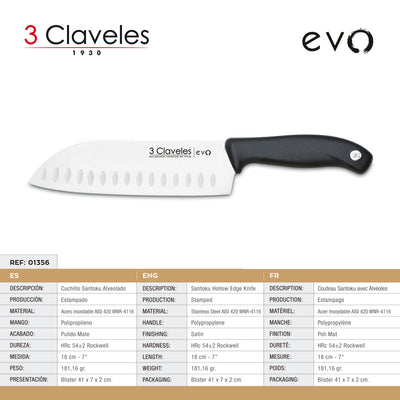 3 Claveles EVO - Cuchillo Santoku Alveolado 18 cm Acero Inoxidable Mango Polipropileno