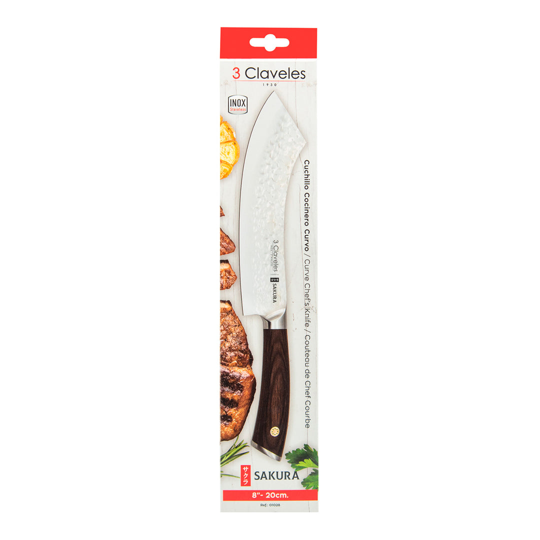 3 Claveles Sakura - Cuchillo Cocinero Curvo 20 cm Acero Forjado con Hoja Martilleada