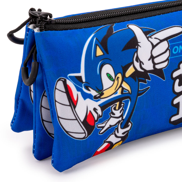 SONIC On The Run - Estuche Escolar Triple Portatodo con 2 Cremalleras. Azul