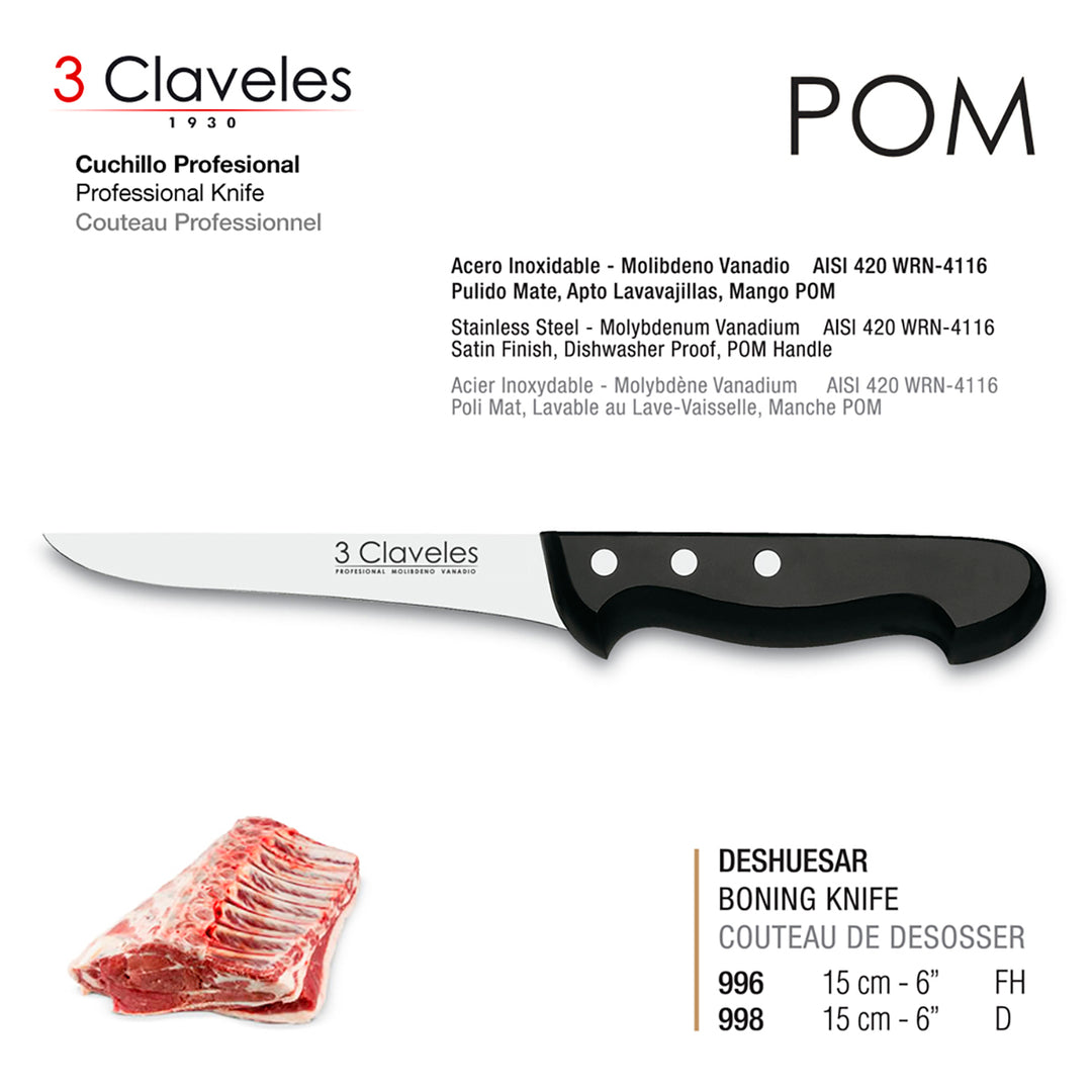 3 Claveles POM - Kit Profesional de Cuchillo Jamonero Deshuesador Chaira y Pinzas