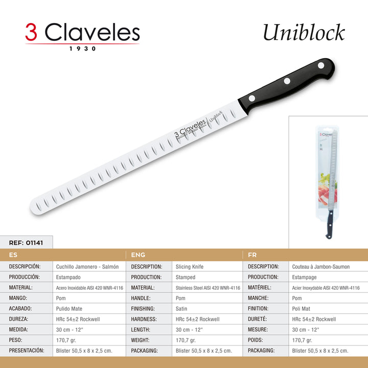 3 Claveles Uniblock - Cuchillo Profesional Jamonero Alveolado 30 cm Acero Inoxidable