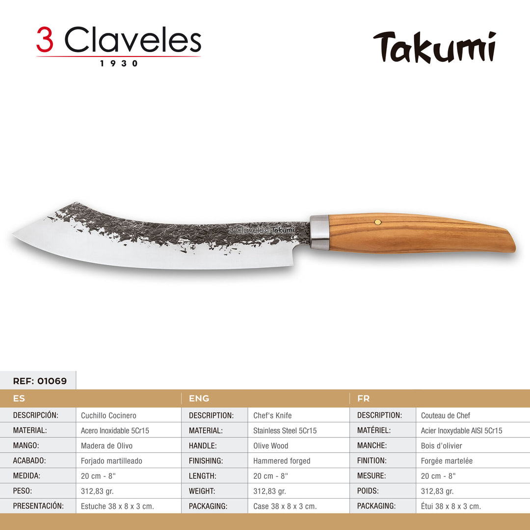 3 Claveles Takumi - Juego de 4 Cuchillos Profesionales Forjados y Soporte de Bambú