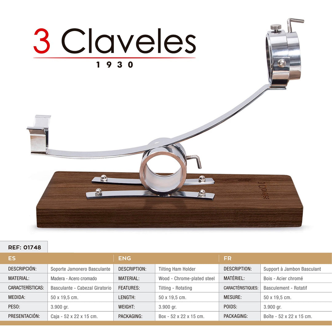 3 Claveles 01748 - Soporte Jamonero Basculante Madera y Kit de Corte Profesional Uniblock