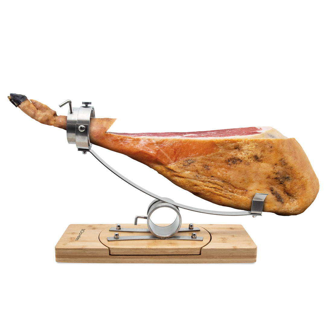 3 Claveles 01742 - Soporte Jamonero Basculante 360º en Bambú y Cabezal Giratorio en Acero